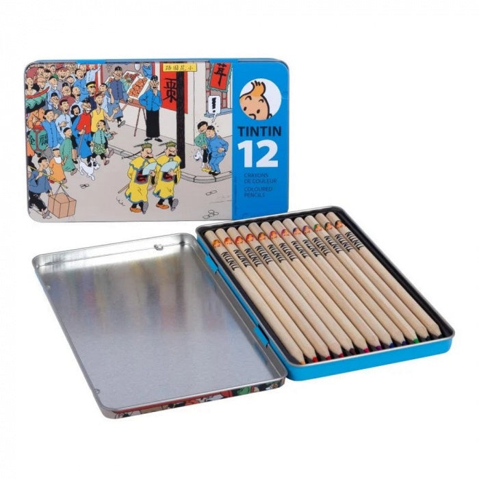 Tintin The Blue Lotus metal pencil box with 12 coloured pencils