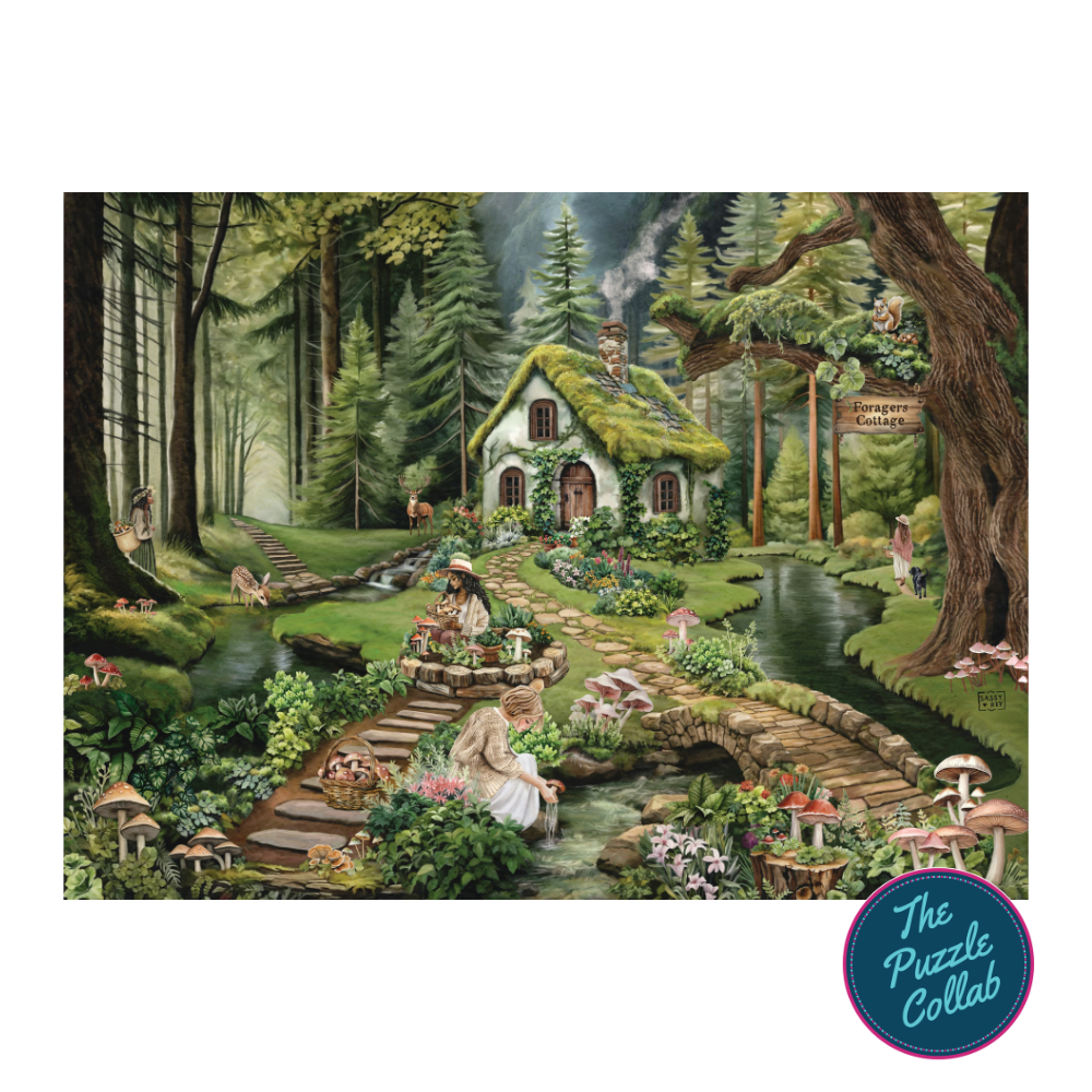 Completed Forager's Cottage woodland puzzle artwork by Sarah Reyes