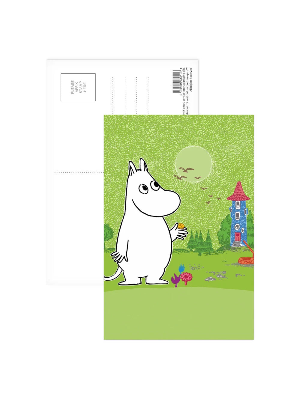 Moomintroll infront of the Moominhouse Postcard