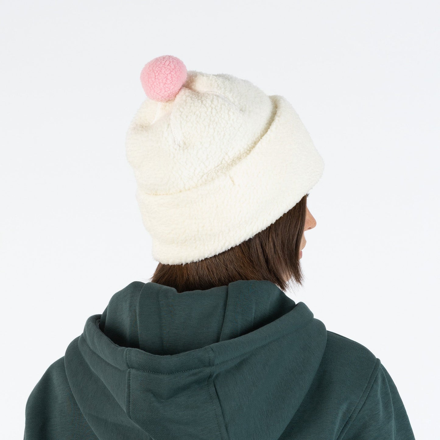 Back view of Moomintroll fleece beanie being worn