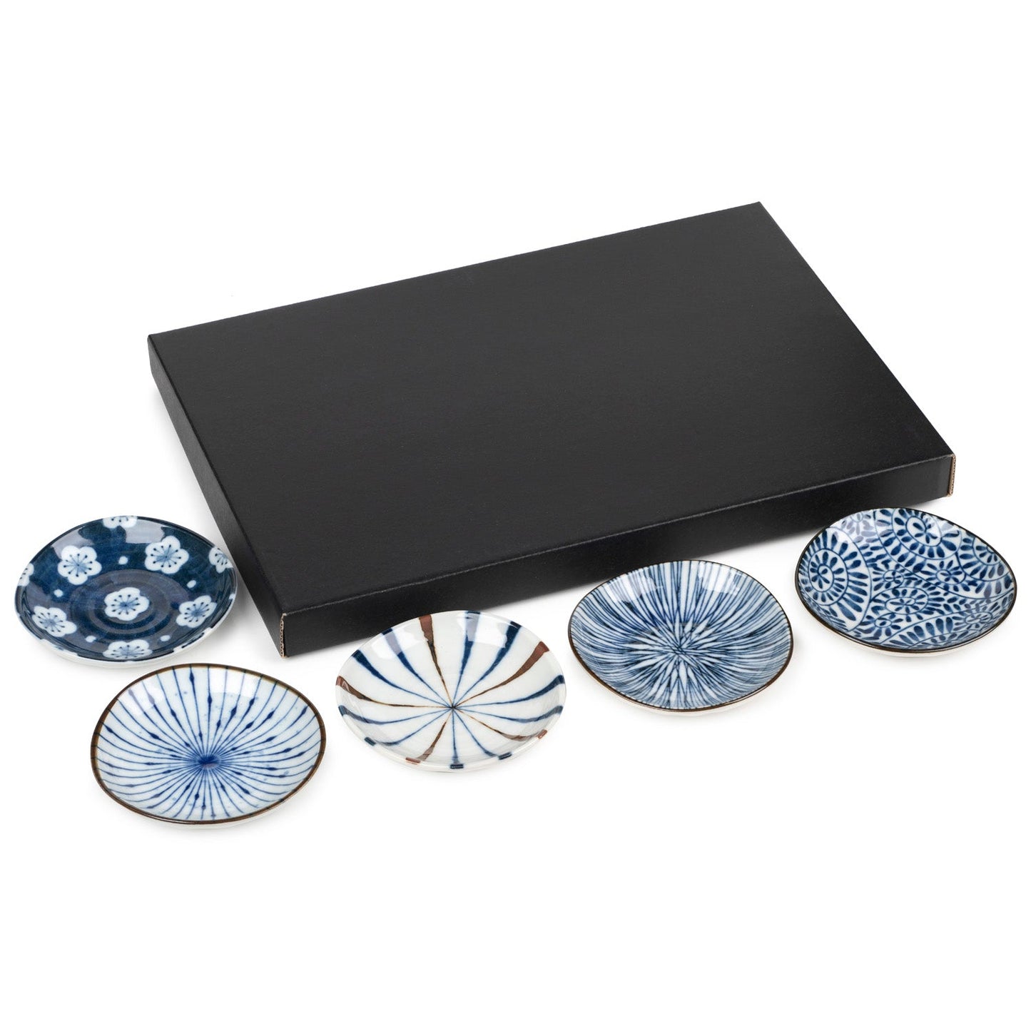 Aizome Japanese mini plates displayed beside black gift box