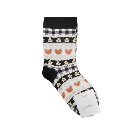 Enjoy the socks style Adult Crew Socks - Bear and flower (black) - Mu Shop
