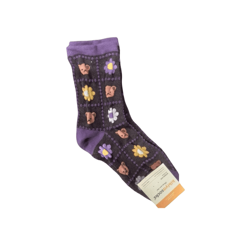 Kikiyasocks flower and bear Adult Crew Socks - Black and purple - Mu Shop