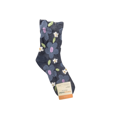 Kikiyasocks flower patern Adult Crew Socks - Navy - Mu Shop