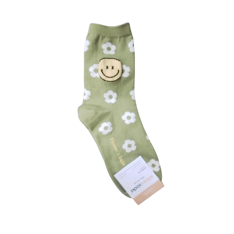 Kikiyasocks Smiling face with flowers Adult Crew Socks - Green - Mu Shop