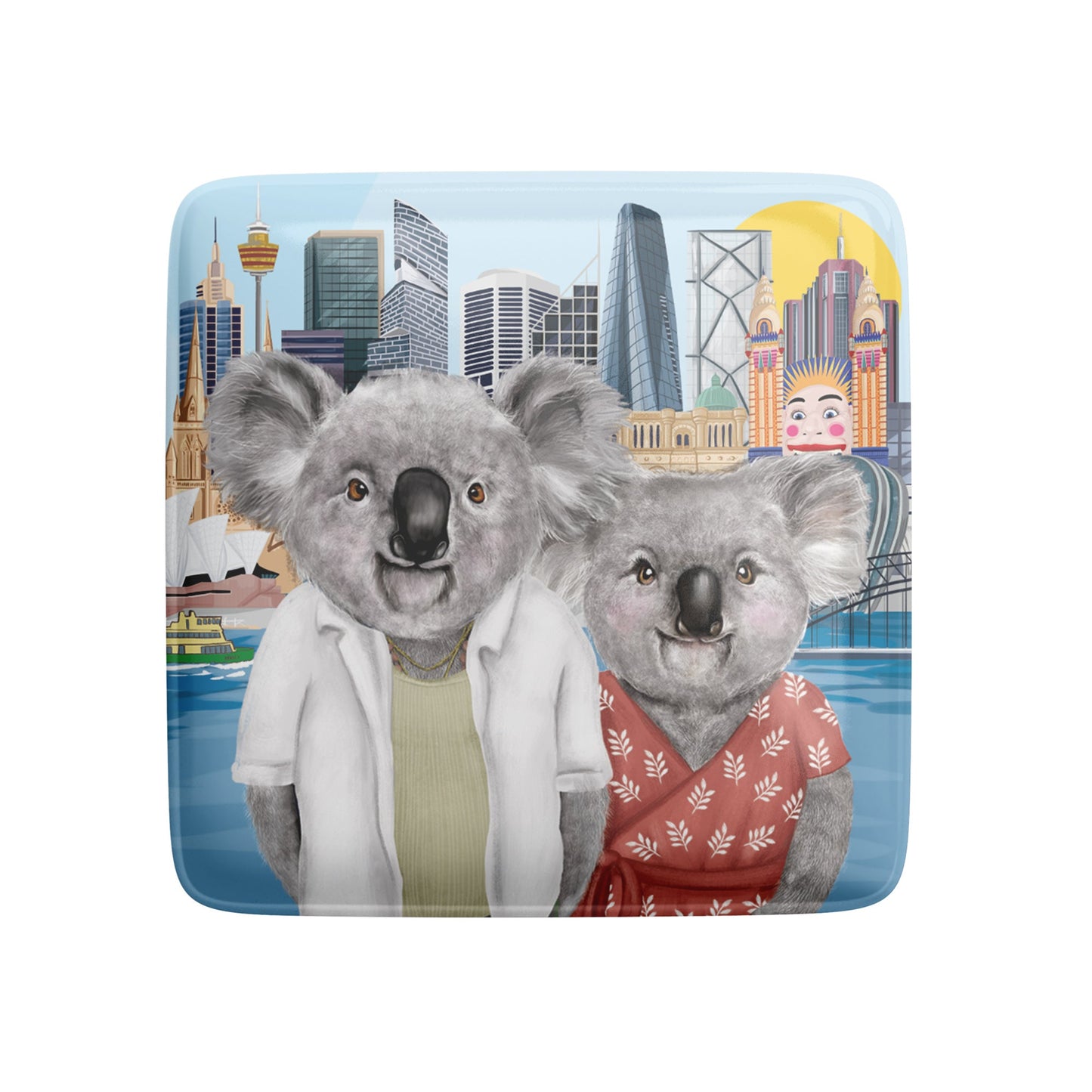 Happy Days Sydney fridge magnet with two koalas and Sydney landmarks