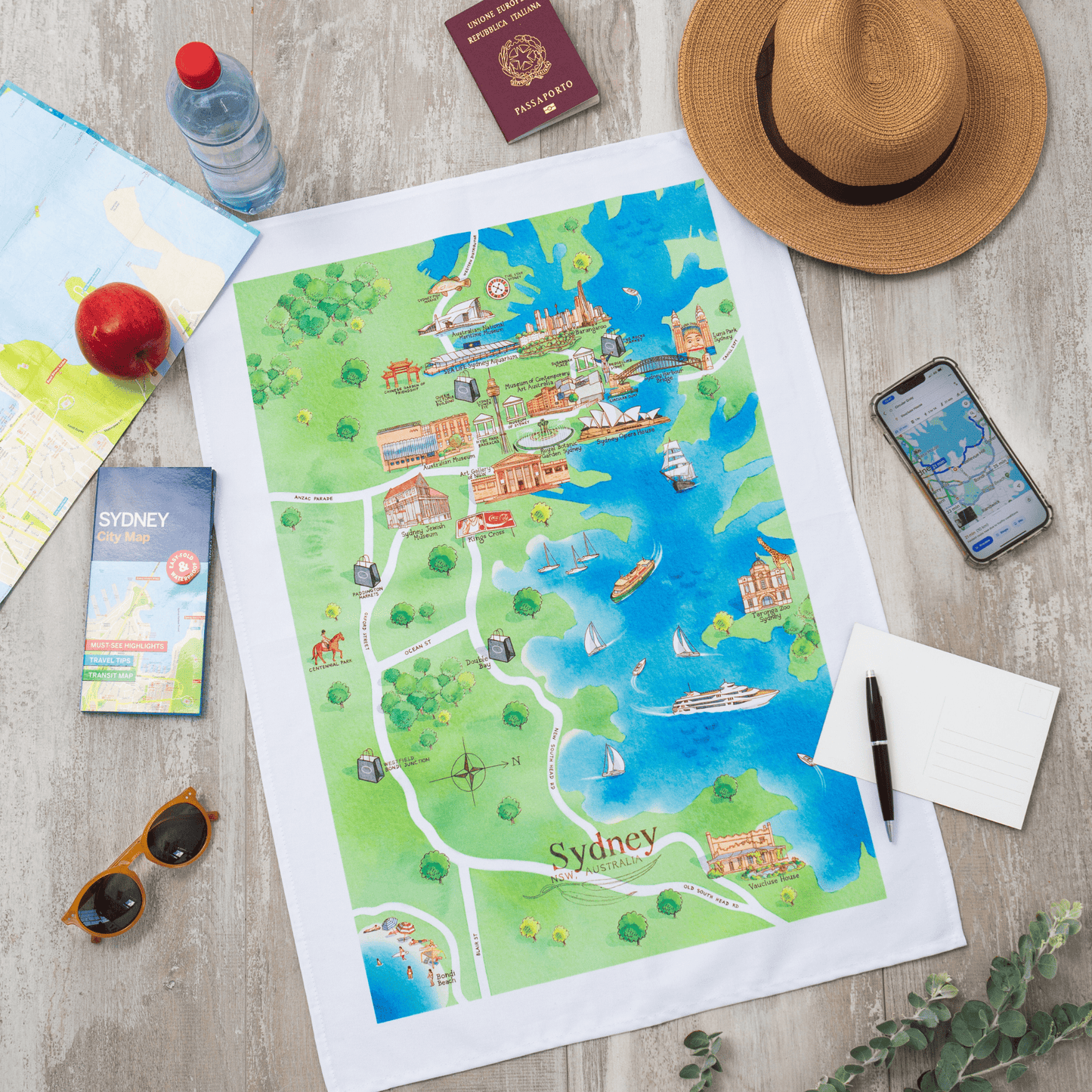 Sydney Tourist Attractions Map Tea Towel - Mu Shop