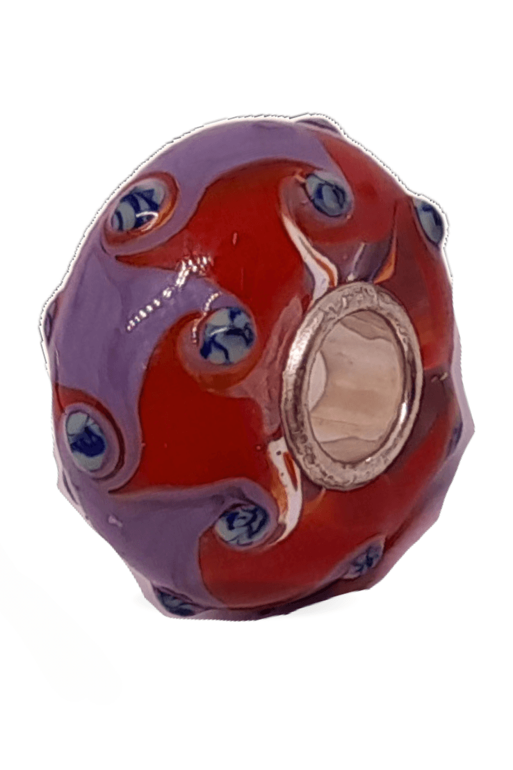 Glass Bead with Red and Lilac Decorations Universal Unique Bead #1558 - Mu Shop