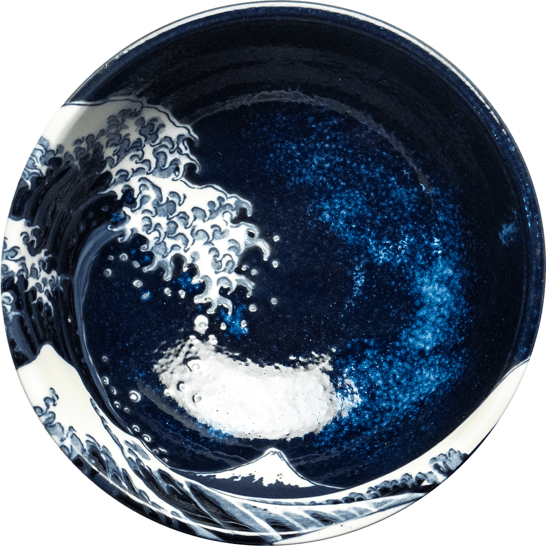 Top view of Hokusai Namiura ramen bowl showing Great Wave artwork