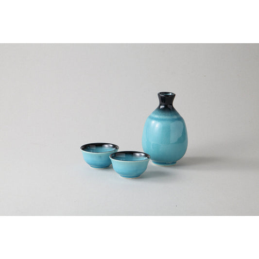 Turquoise blue - sake pot & 2 cup set