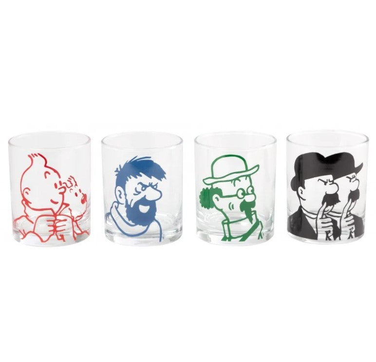 Tintin character glasses set of four featuring Tintin, Haddock, Calculus and Thomson and Thompson