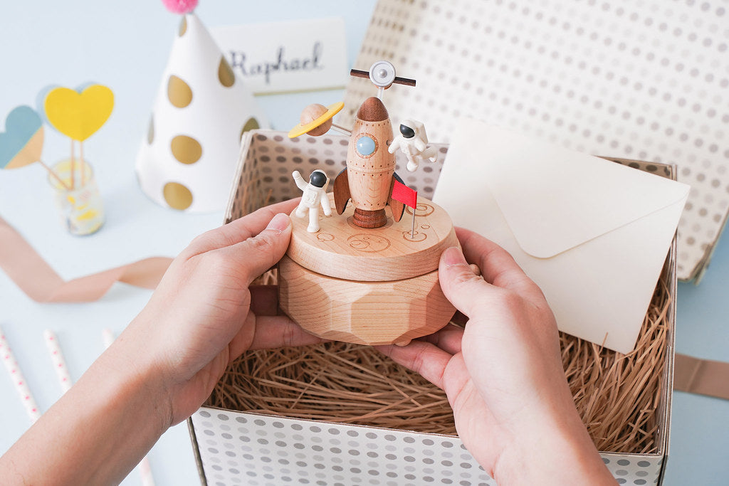 Spacewalk double rotate wooden music box with astronaut scene