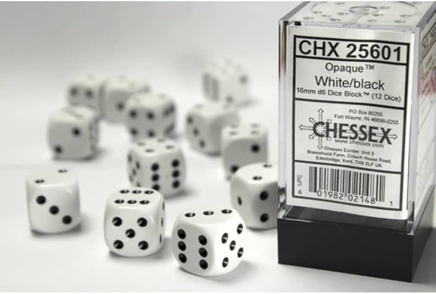 Opaque White/Black 16mm d6 Dice Set