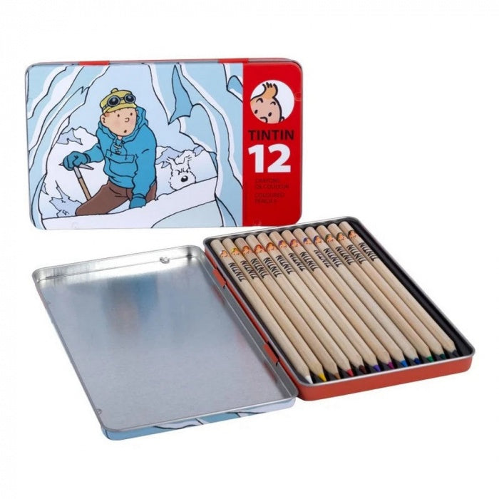 Tintin in Tibet metal pencil box with 12 coloured pencils