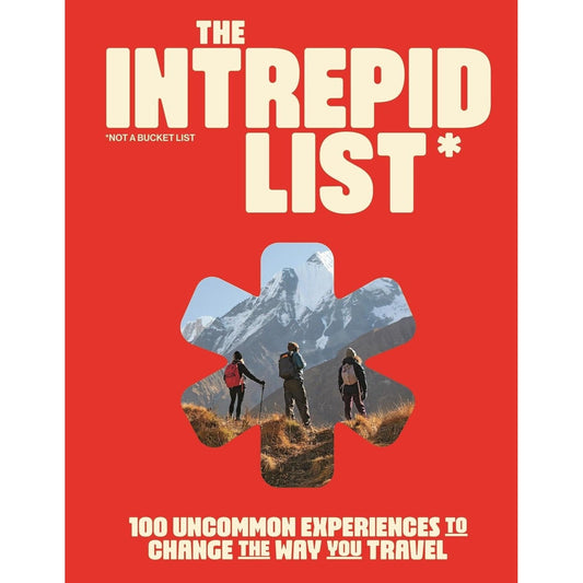 The Intrepid List red book cover with hikers below mountains