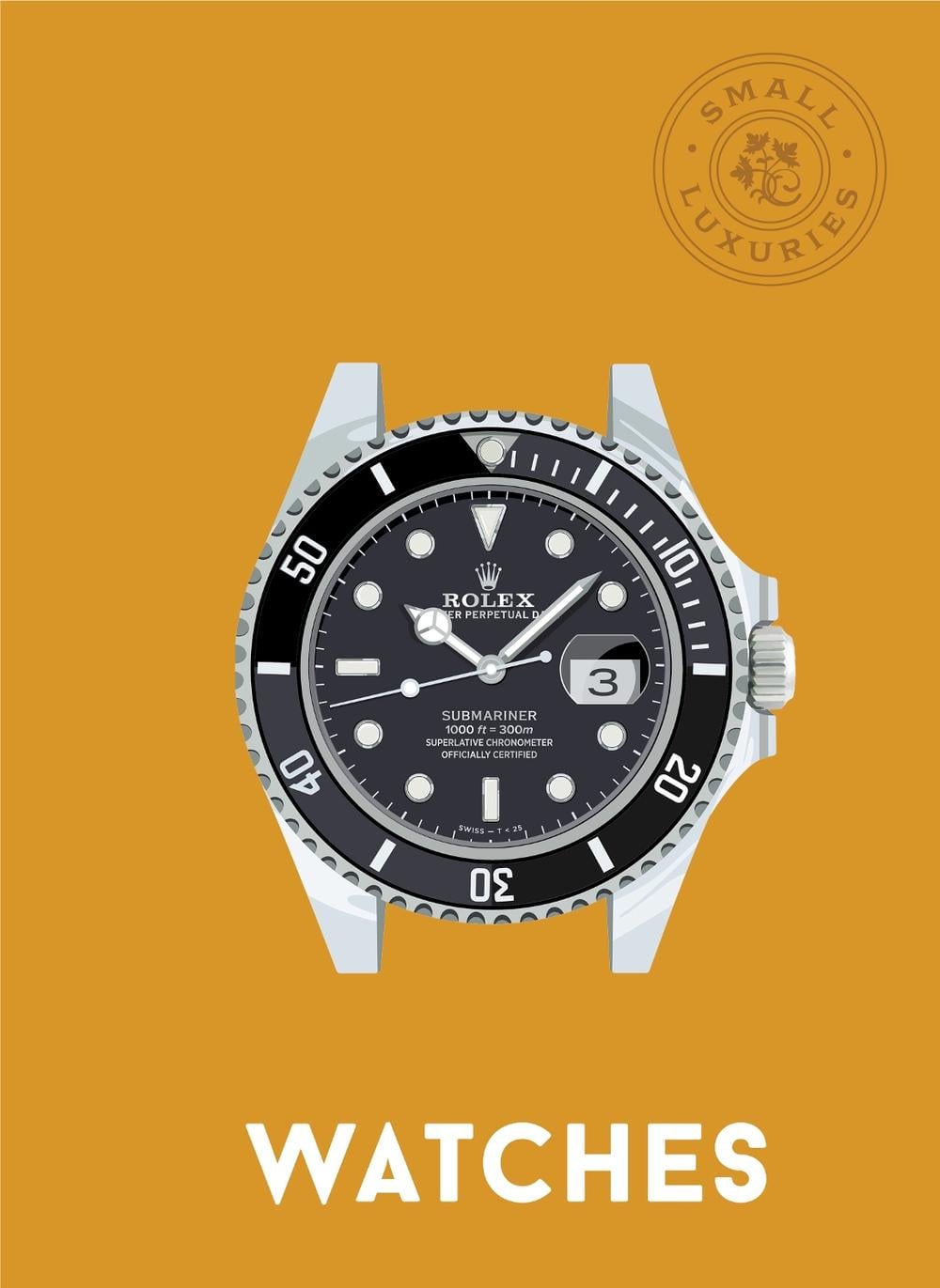 Small Luxuries Watches book cover featuring a Rolex Submariner watch