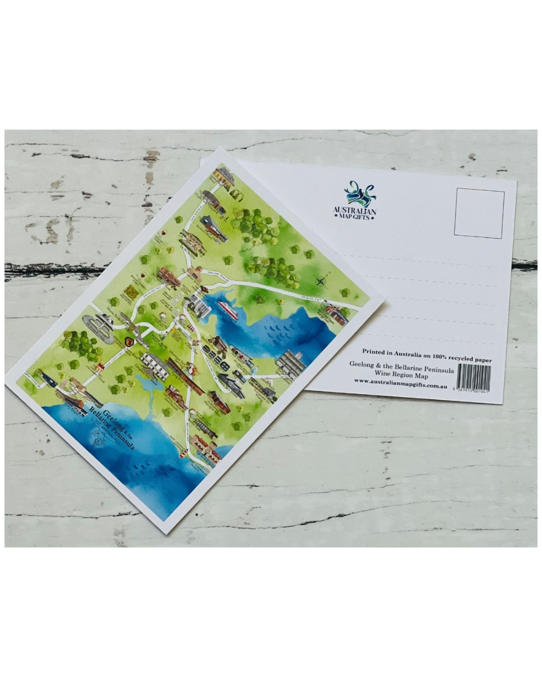 Geelong & the Bellarine Peninsula Wine Region Map Postcard A6