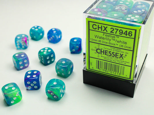Festive Waterlily/White 12mm d6 Dice Set