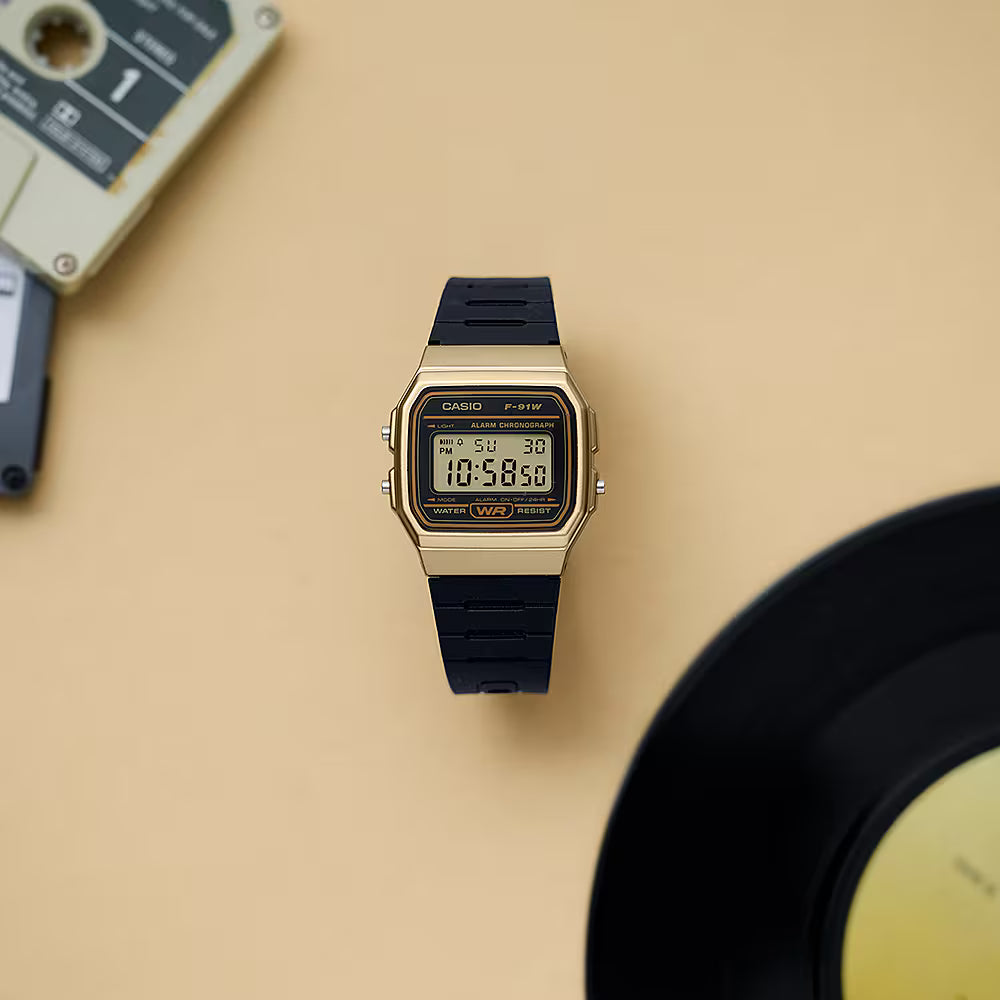 Casio F91W Series Digital Watch Gold Case Resin Band