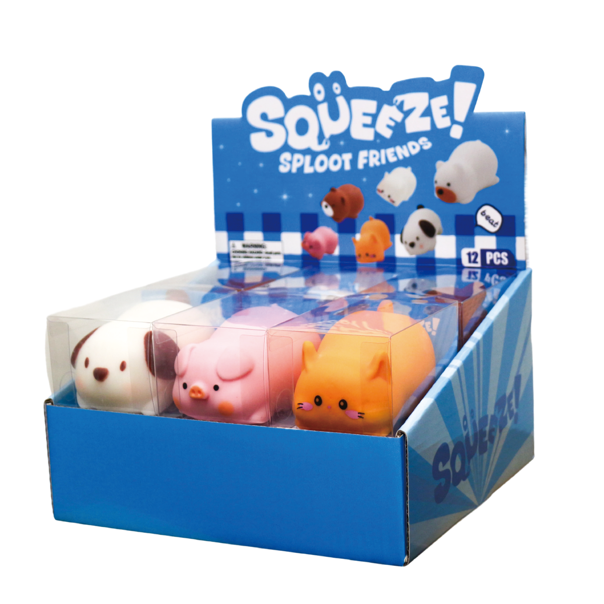Squeeze Sploot Friends retail display with assorted animal designs