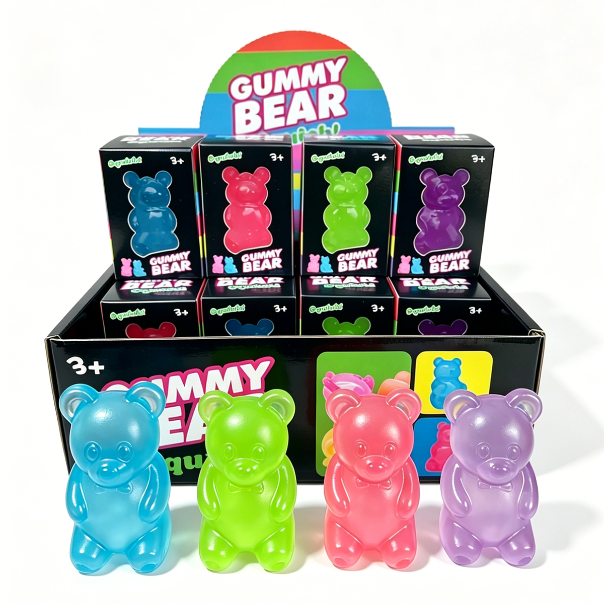 Four assorted translucent gummy bear squishy toys with retail display