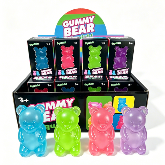 Four assorted translucent gummy bear squishy toys with retail display