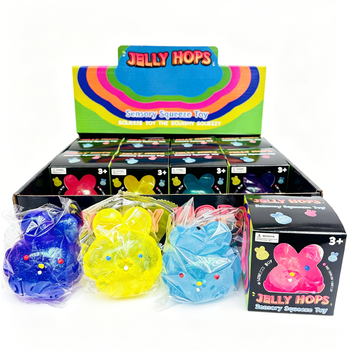 Gummy Feel Rabbit squishy toys in four colours with retail display