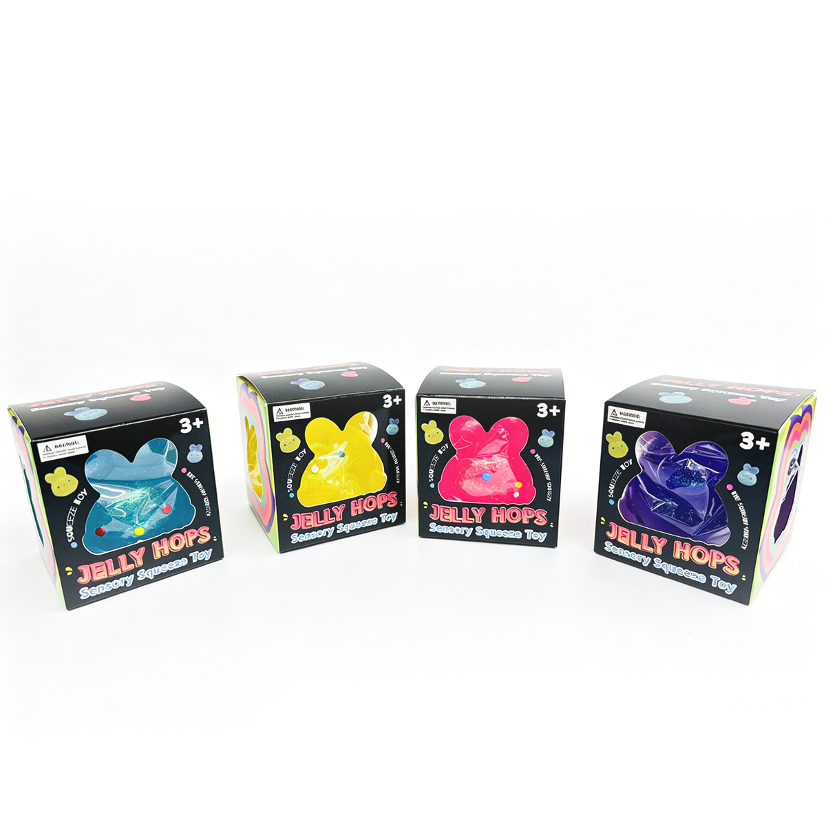 Four individually boxed Gummy Feel Rabbit squishy toy colours
