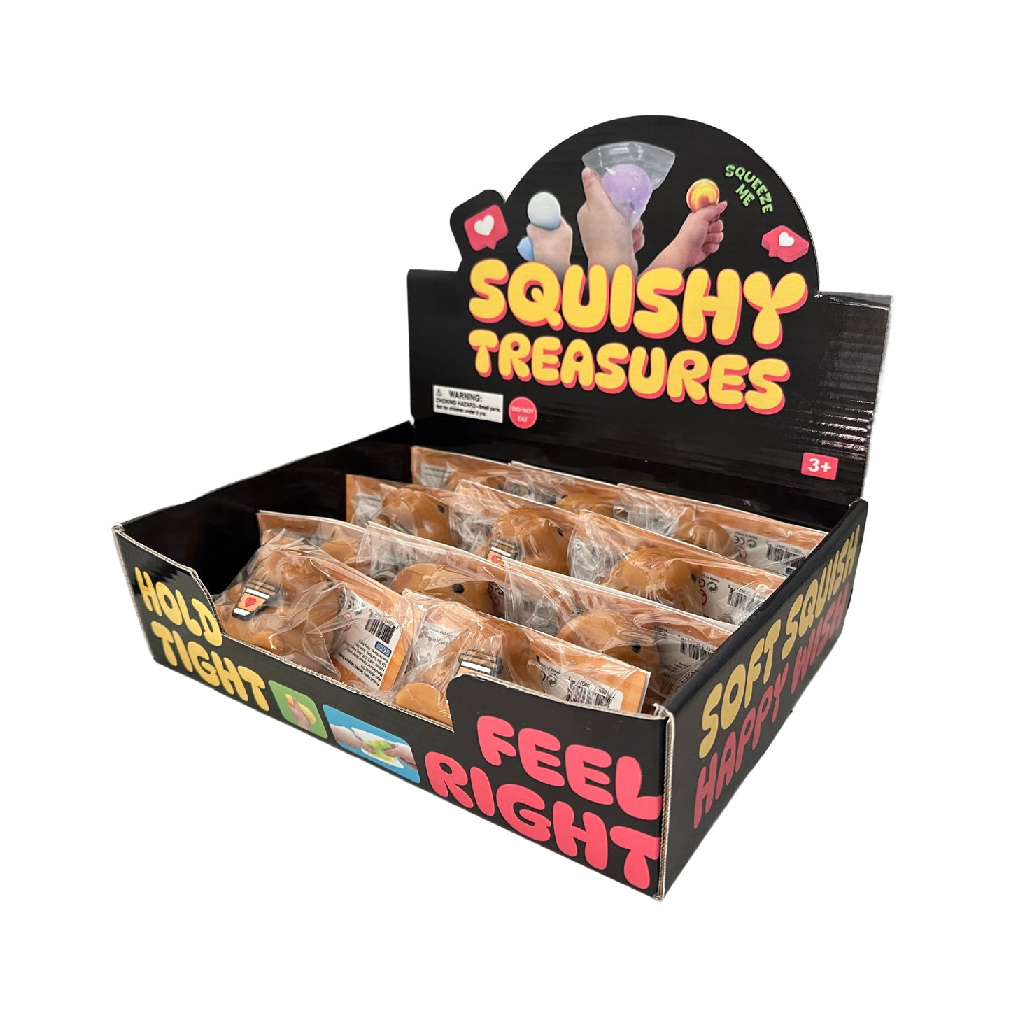 Squeezy Capybara Buddy toys arranged in the supplier display box