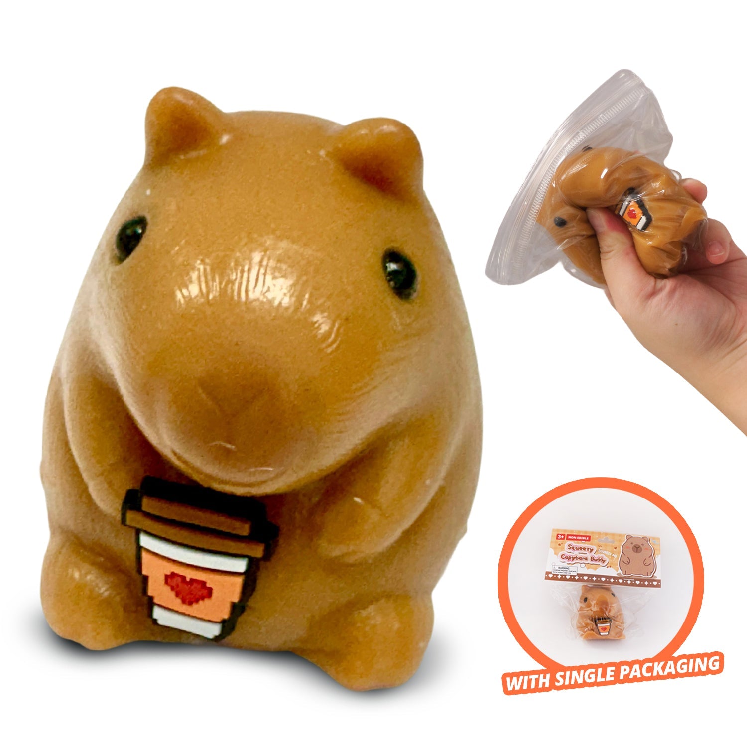 Squeezy Capybara Buddy toy shown with its individual packaging