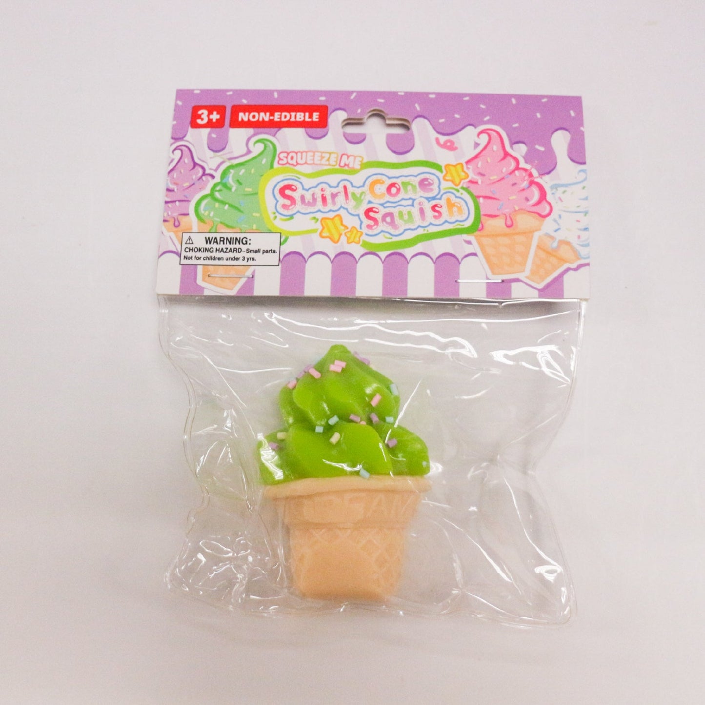 Green SwirlyCone ice cream squishy in individual packaging