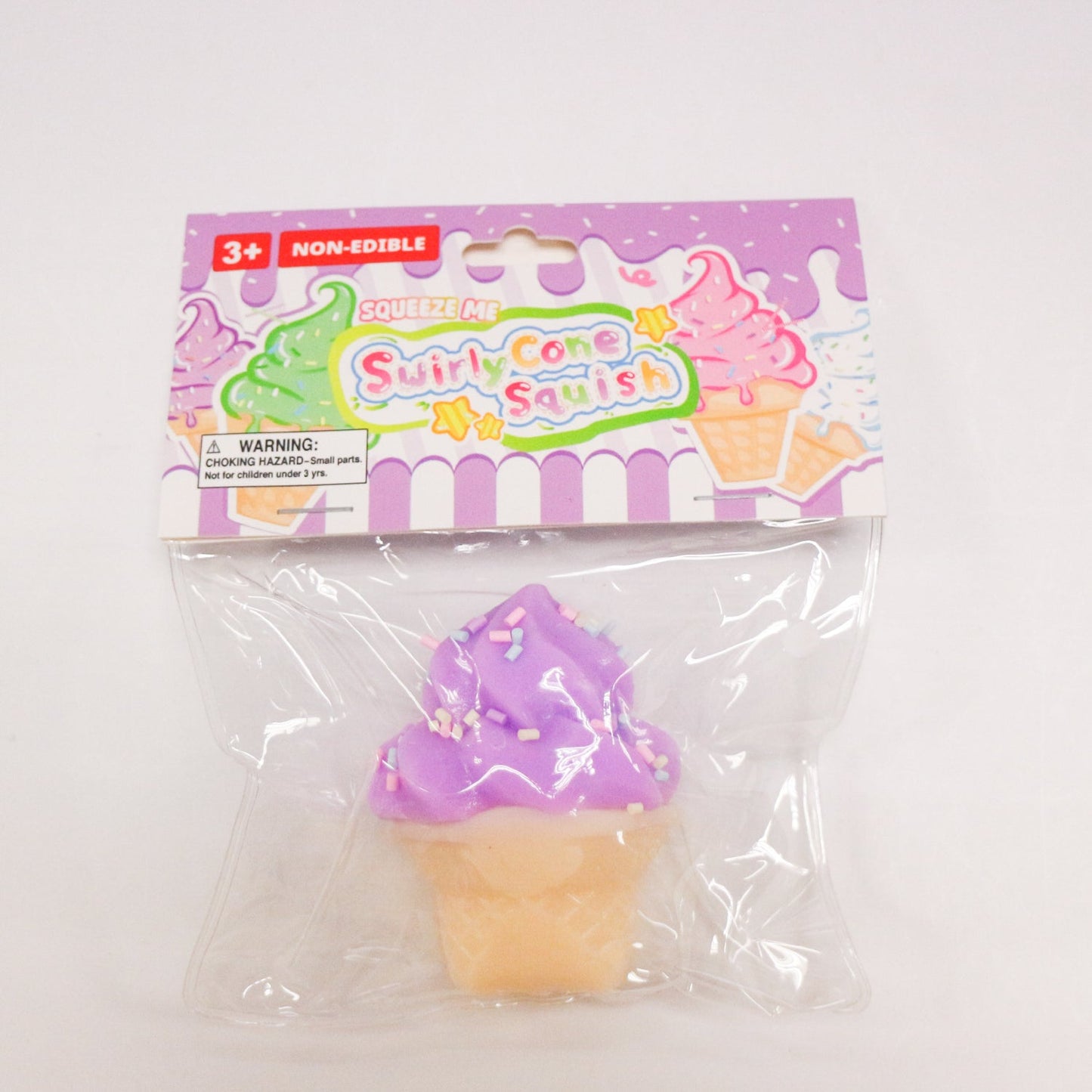 Purple SwirlyCone ice cream squishy in individual packaging