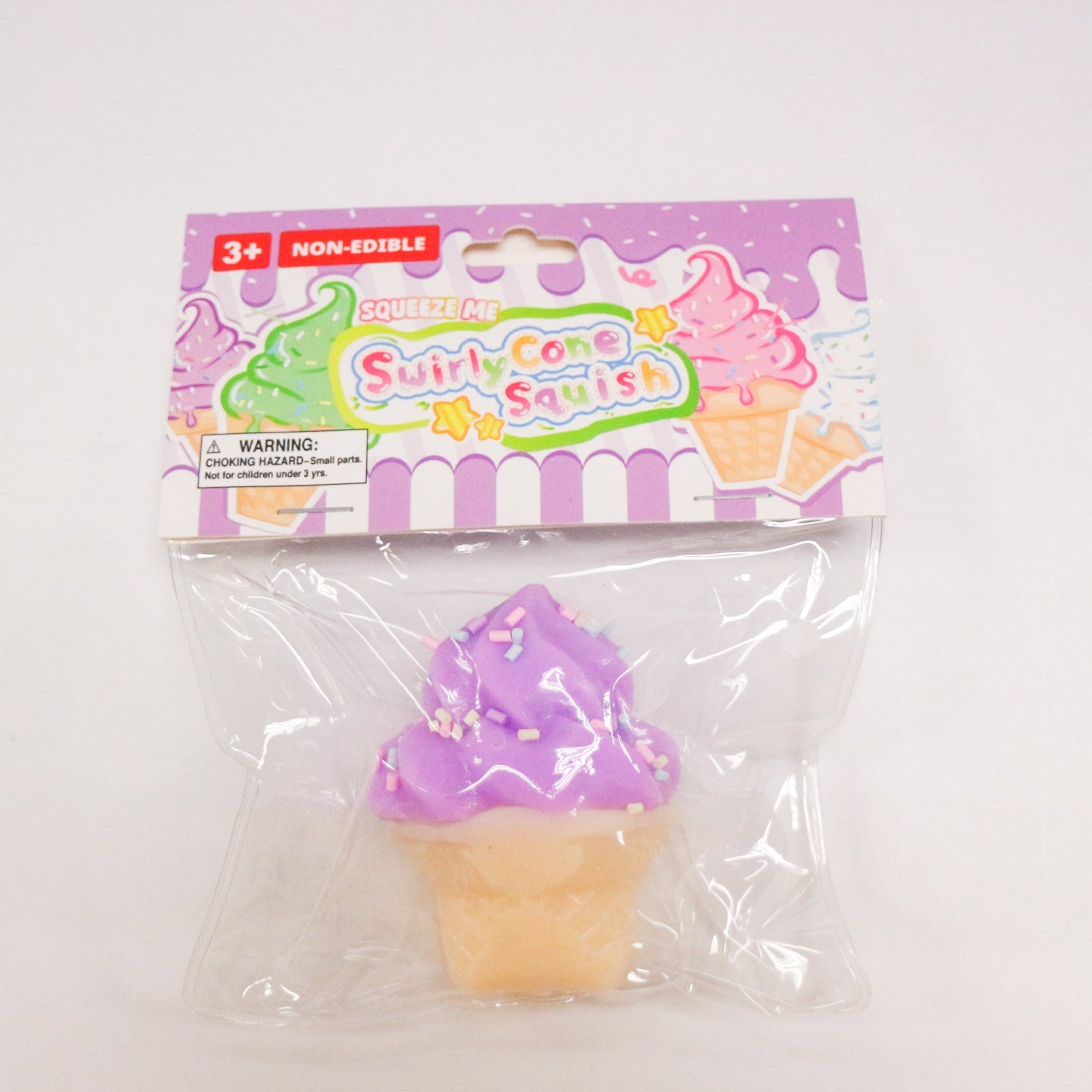 Purple SwirlyCone ice cream squishy in individual packaging