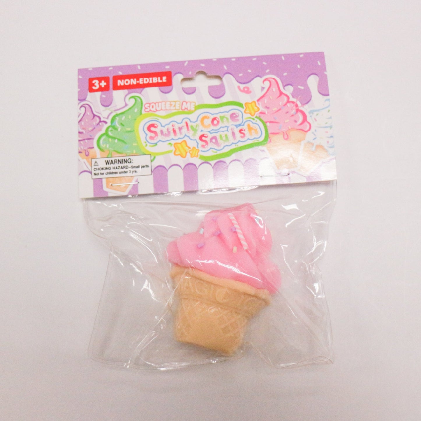 Pink SwirlyCone ice cream squishy in individual packaging
