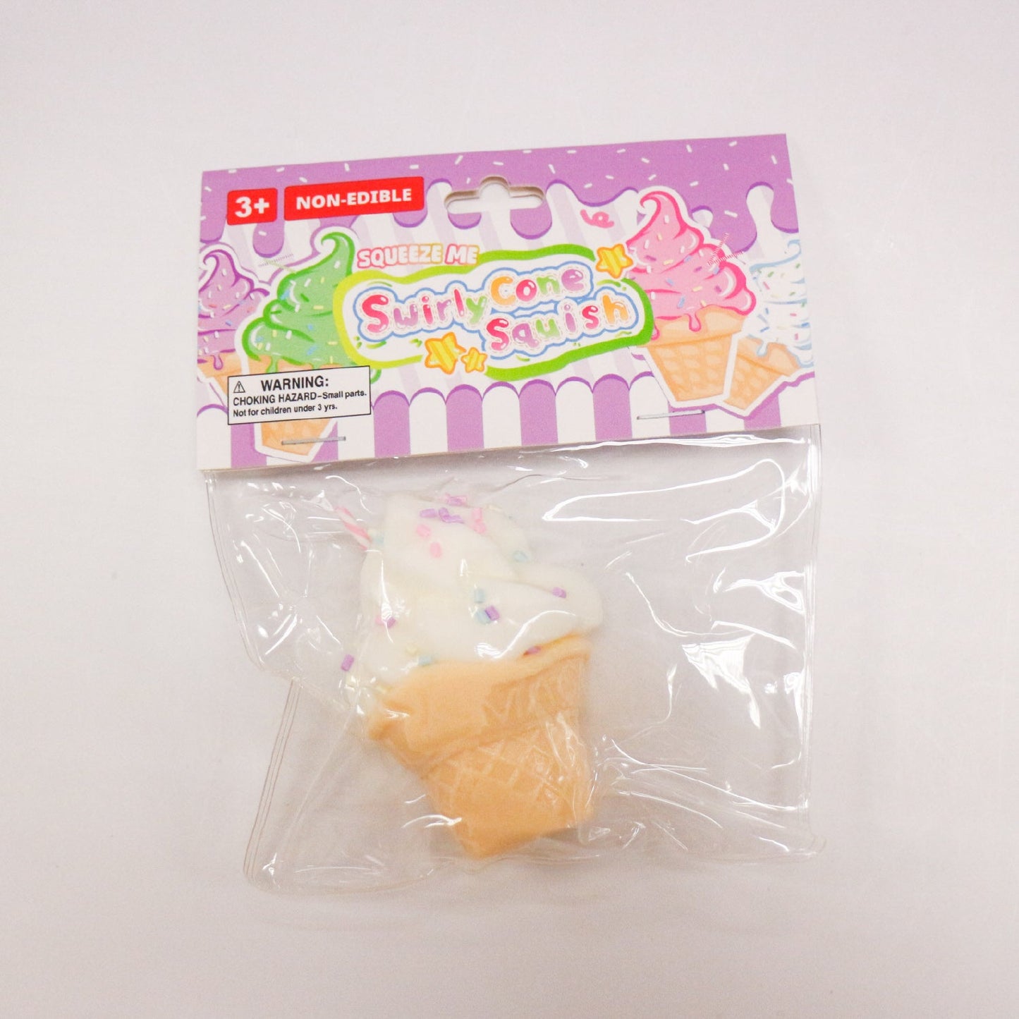 White SwirlyCone ice cream squishy in individual packaging