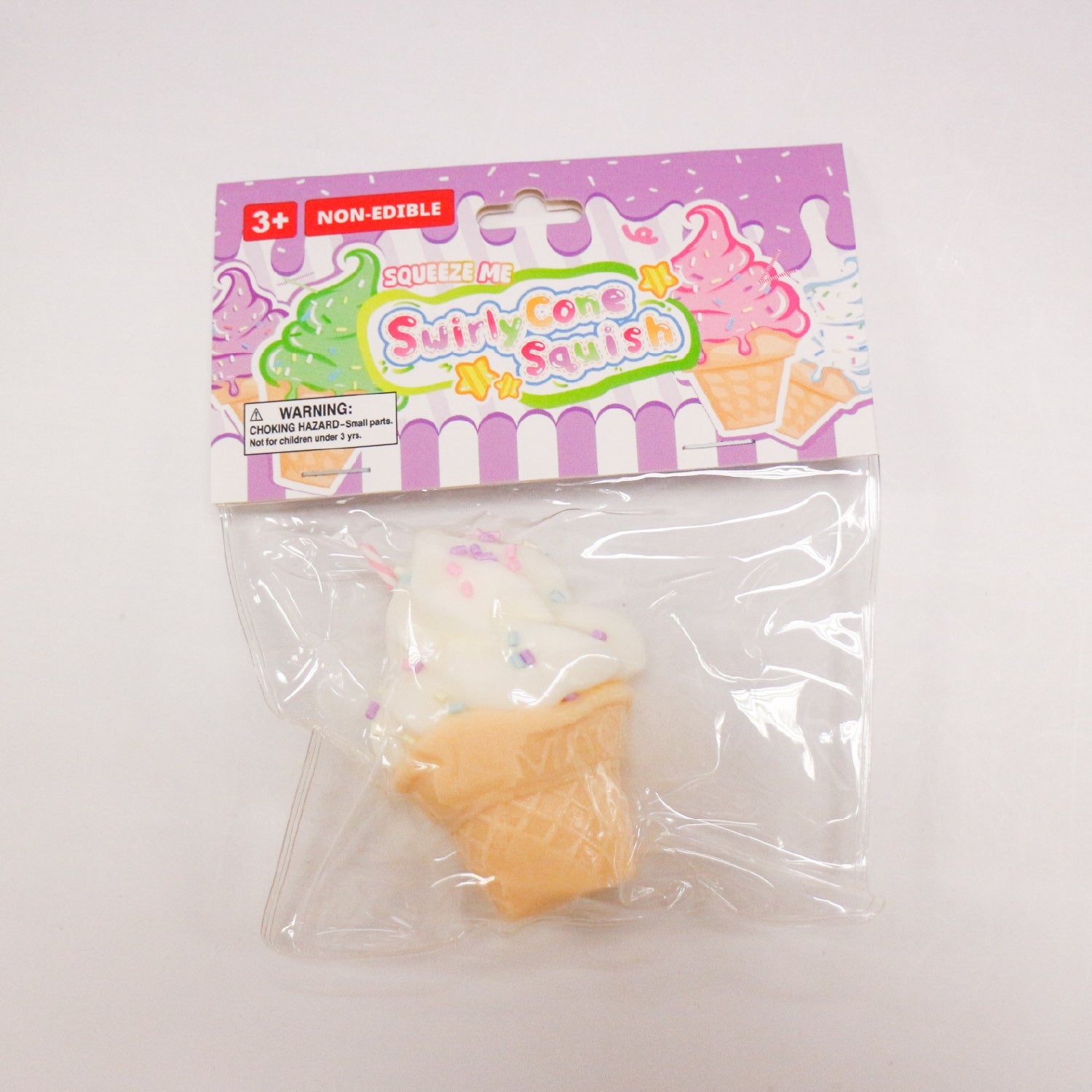 White SwirlyCone ice cream squishy in individual packaging