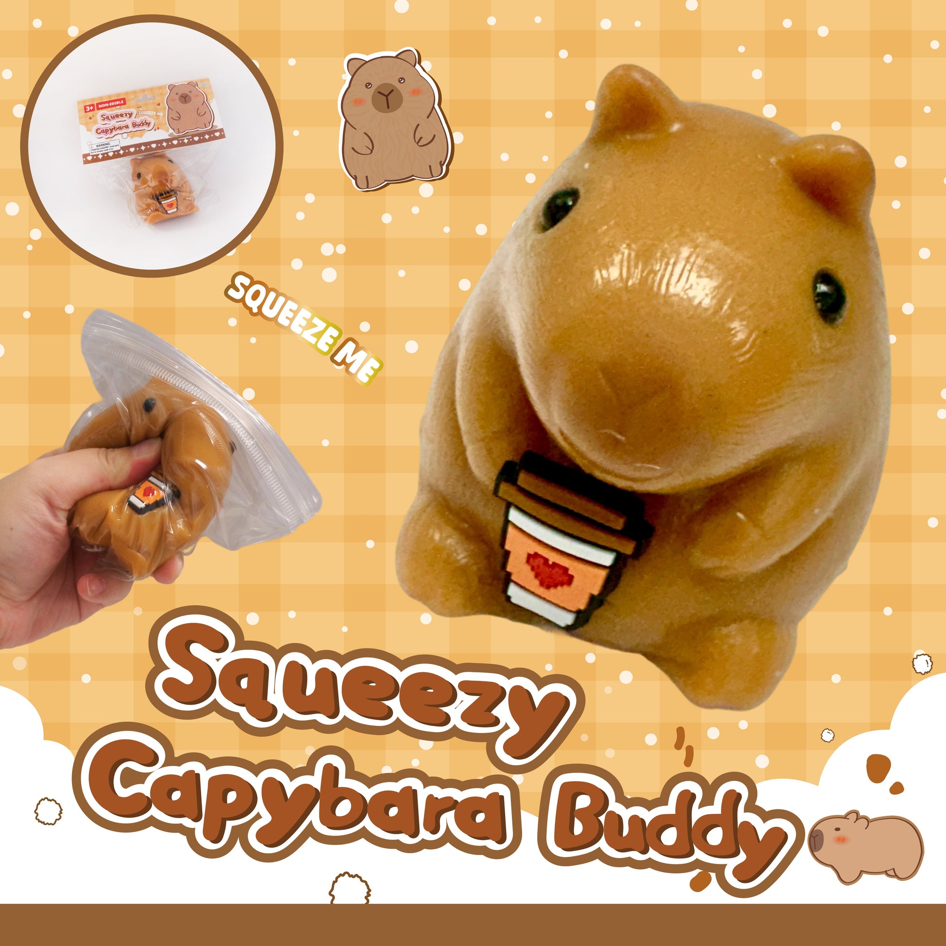 Squeezy Capybara Buddy squishy toy holding a small takeaway drink