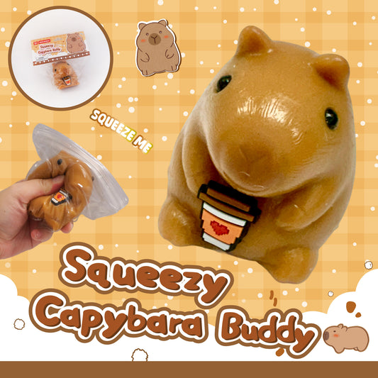 Squeezy Capybara Buddy squishy toy holding a small takeaway drink
