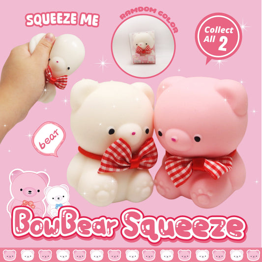 Pink and white BowBear squishy toys with red gingham bows