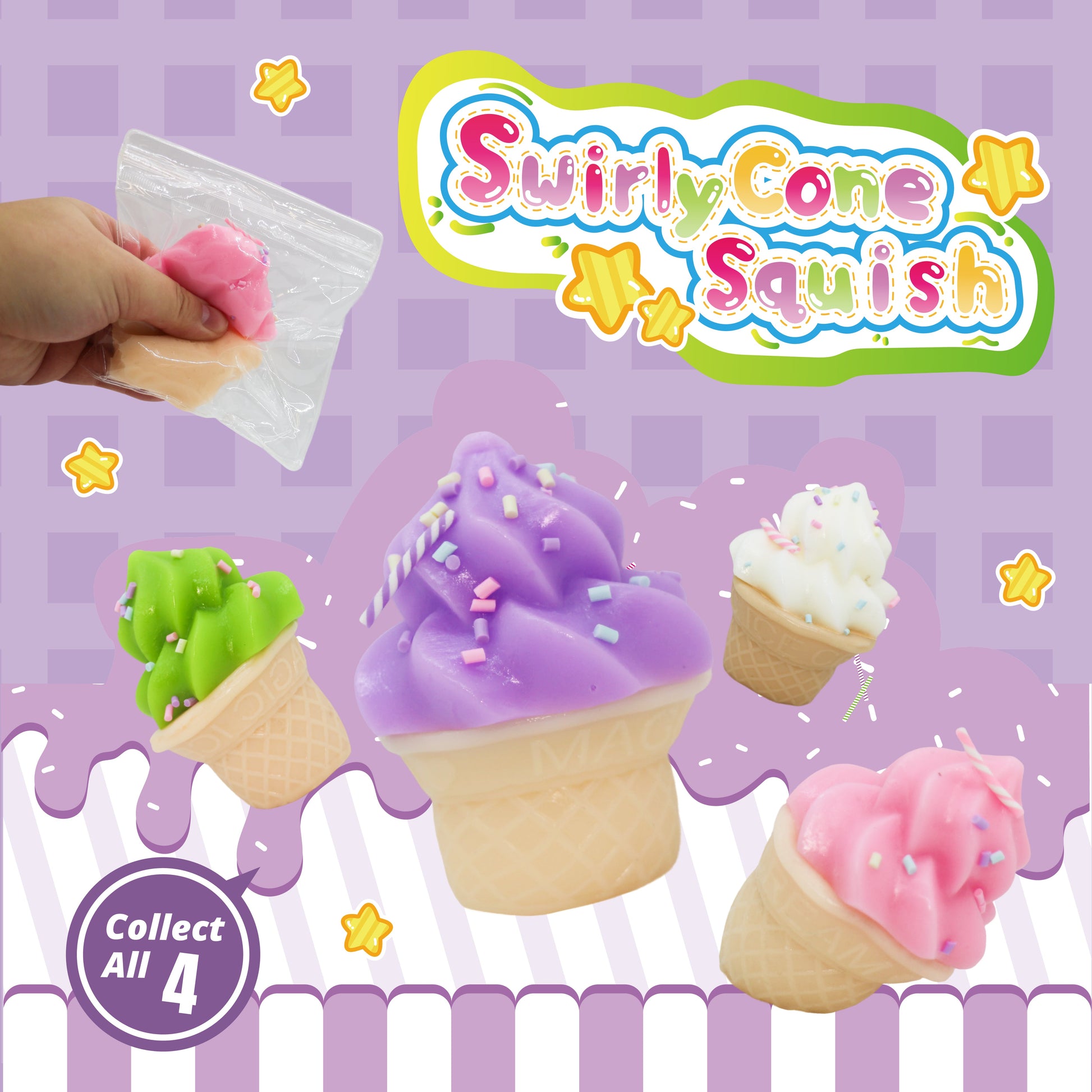 SwirlyCone squishy toy collection with four ice cream cone designs