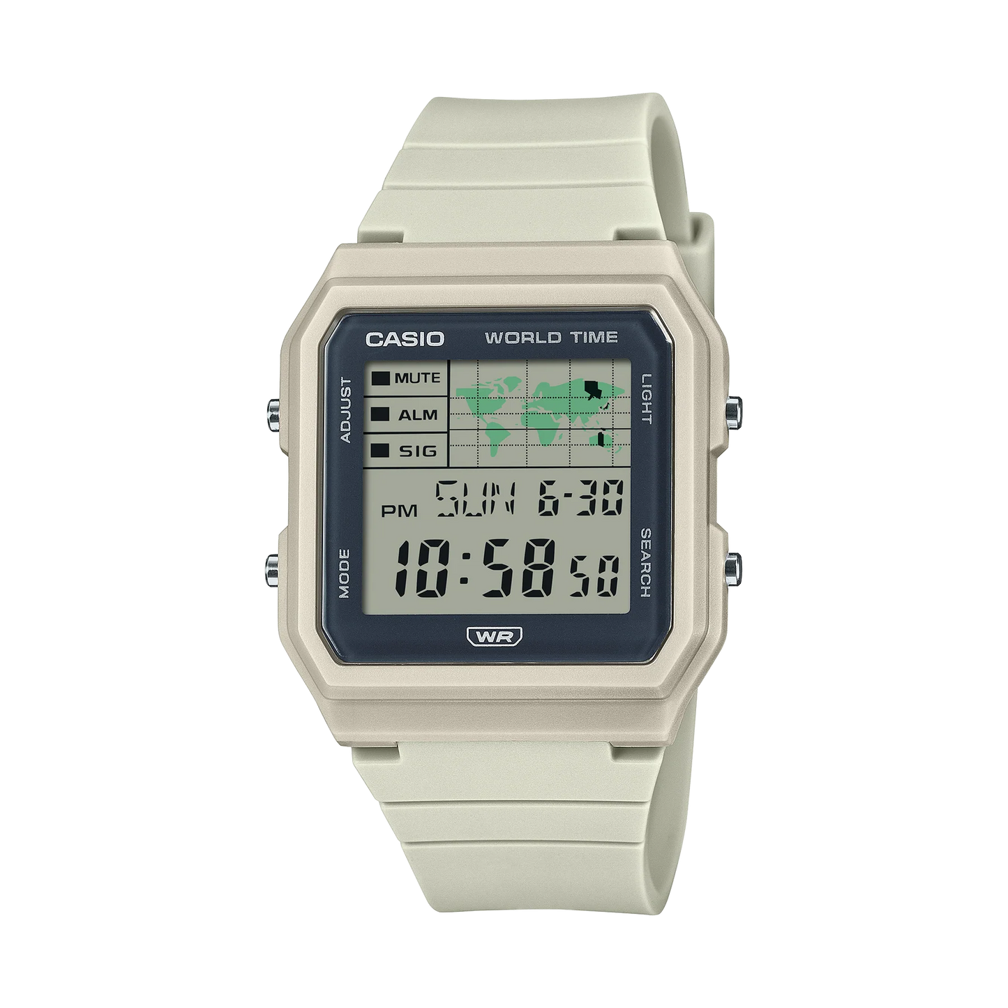 CASIO DIG WORLD MAP, WHITE RESIN BAND WATCH