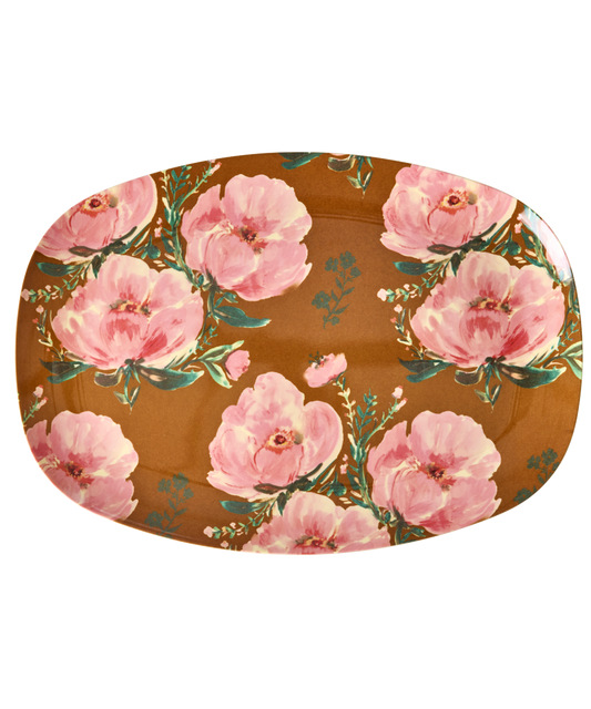 Large Rectangular Dinner Plate - Soft Brown - Floral Fiesta Rose