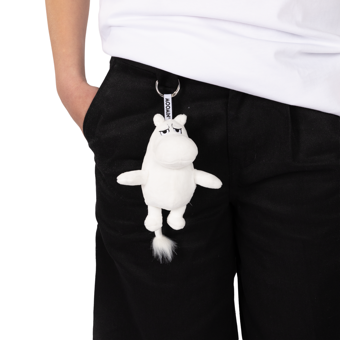 Moomintroll plush keyring attached to clothing