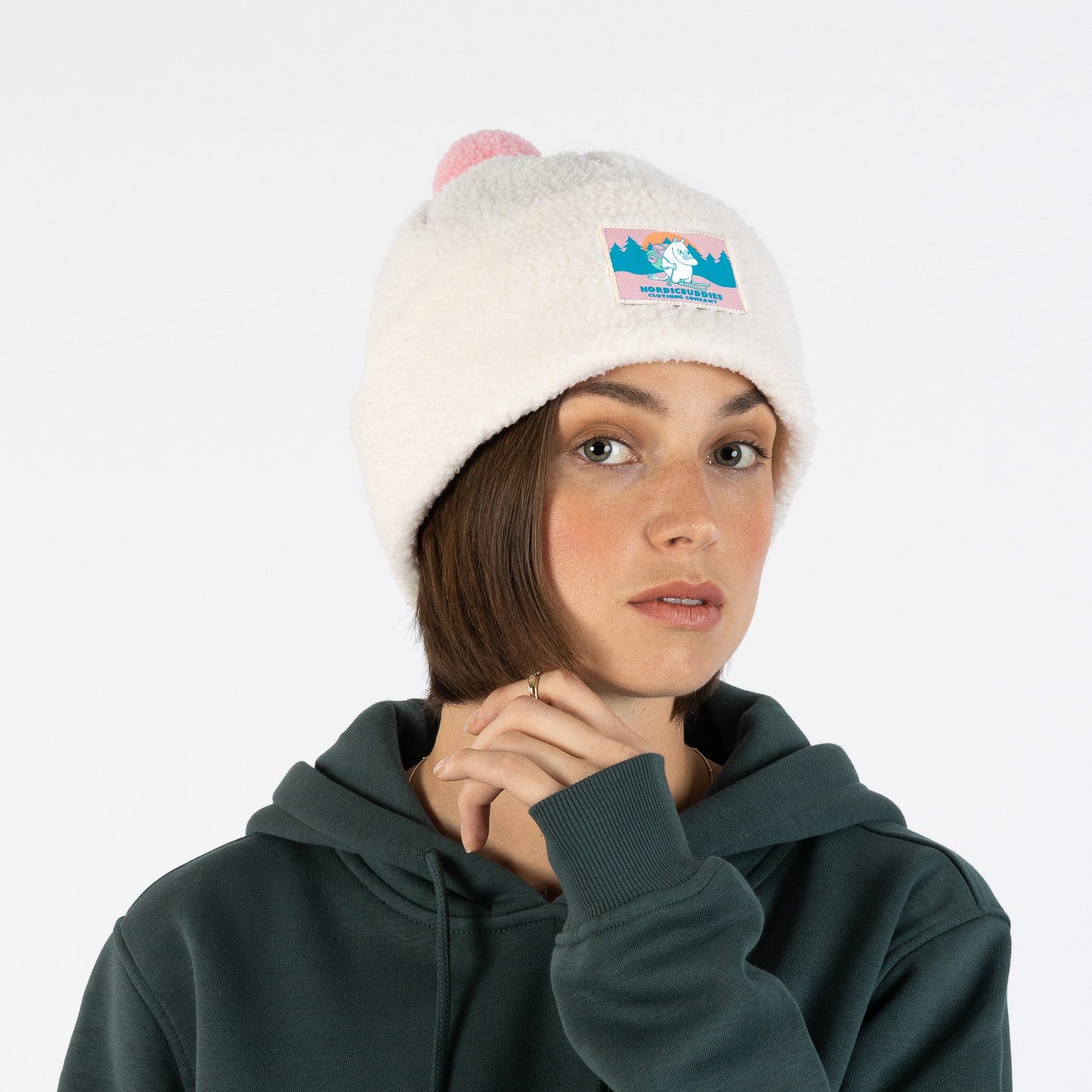 Front view of Moomintroll fleece beanie being worn