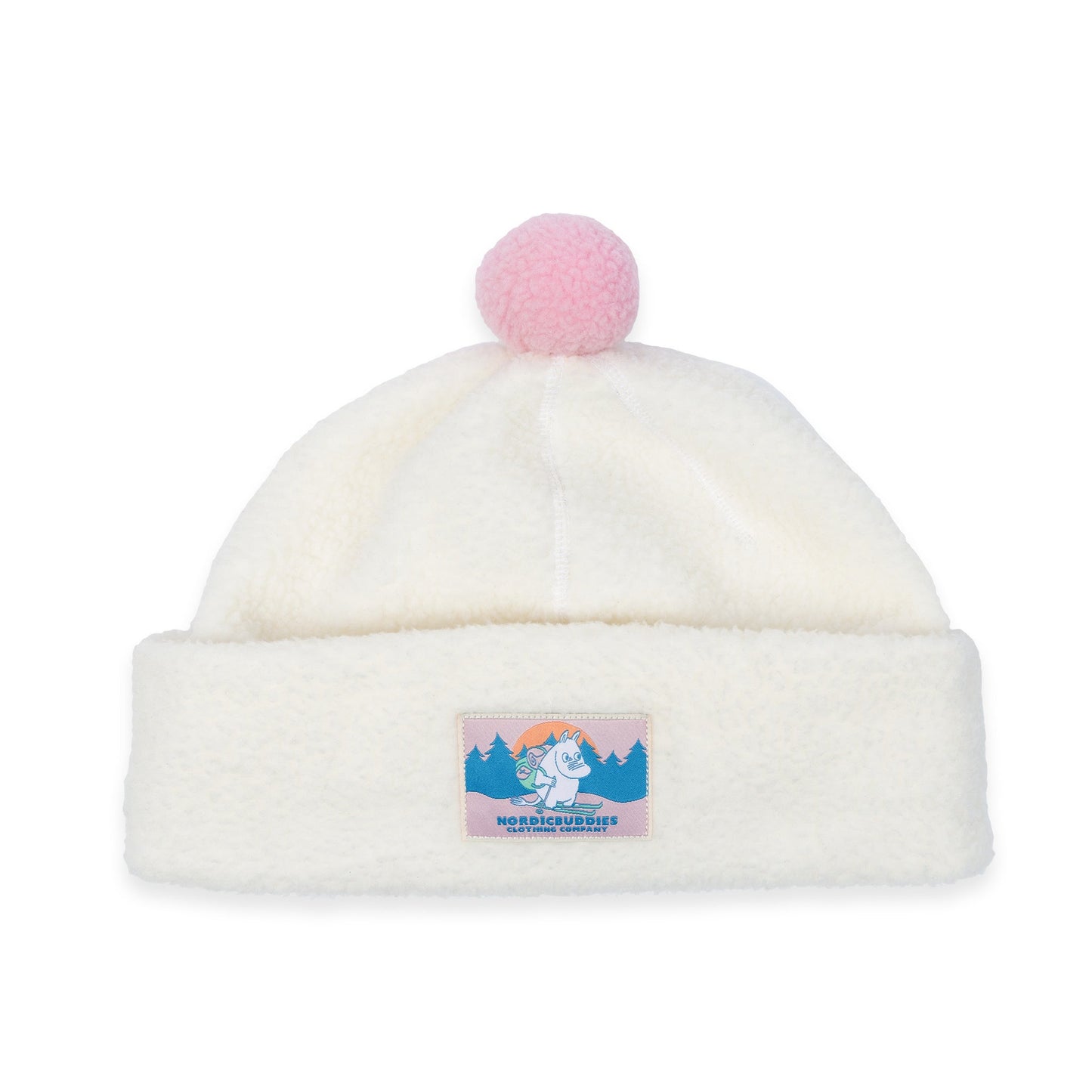 White Moomintroll fleece beanie with pink pom-pom