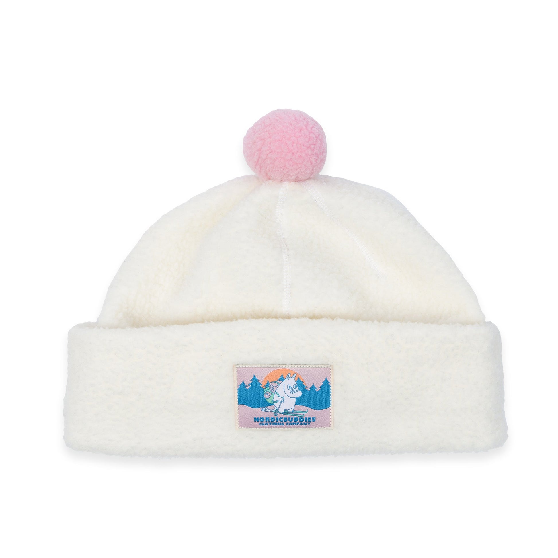 White Moomintroll fleece beanie with pink pom-pom