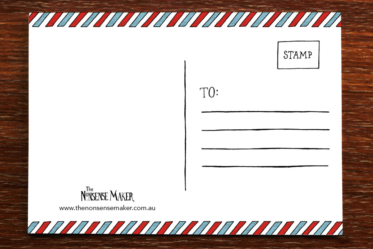 Reverse of Australia suitcase postcard with address lines