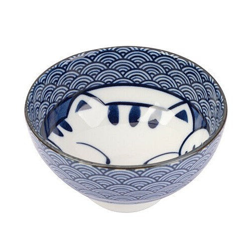 Seikaiha Cat Japanese ceramic bowl with blue wave pattern