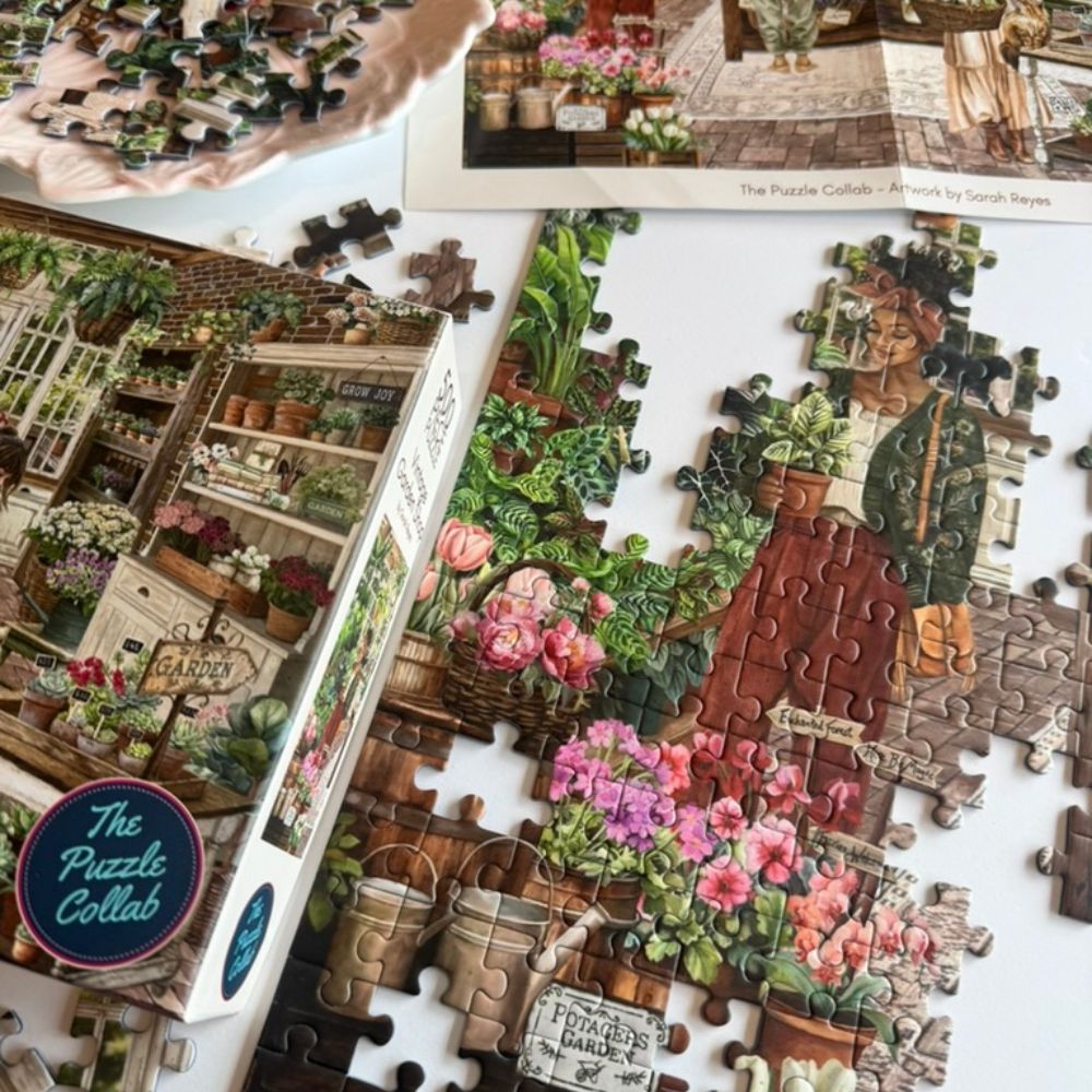 Completed Vintage Garden Shop puzzle artwork by Sarah Reyes