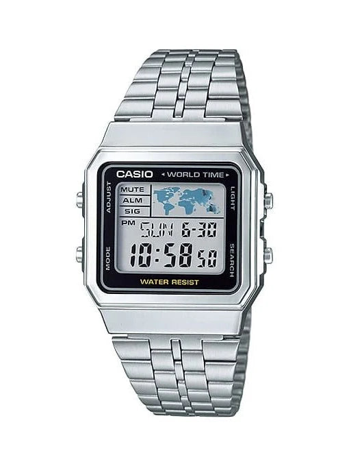 Casio A500W Series World Time Digital Watch Silver Stainless Steel Band